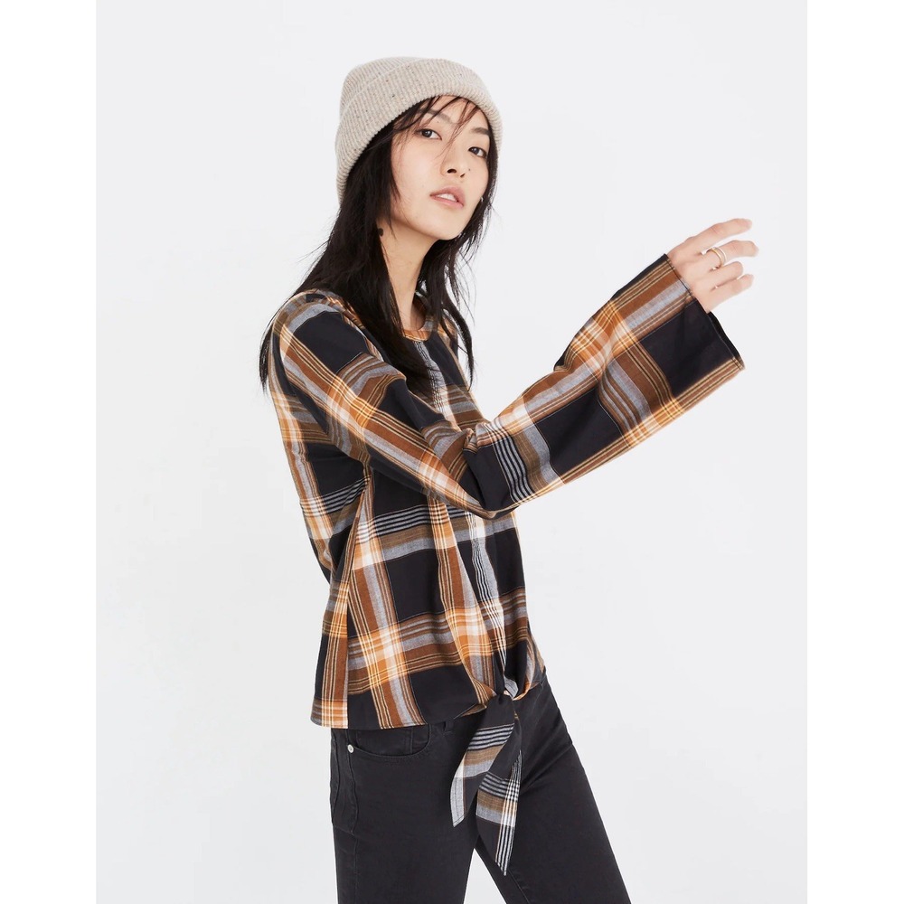 Madewell Womens Small‎ Plaid Tie-Front Keyhole Top Long Sleeve Blouse